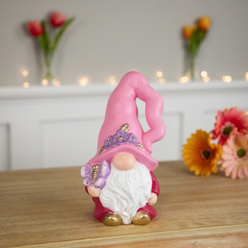 Figurine de gnome du printemps et papillon - 7 po - Rose et fuchsia