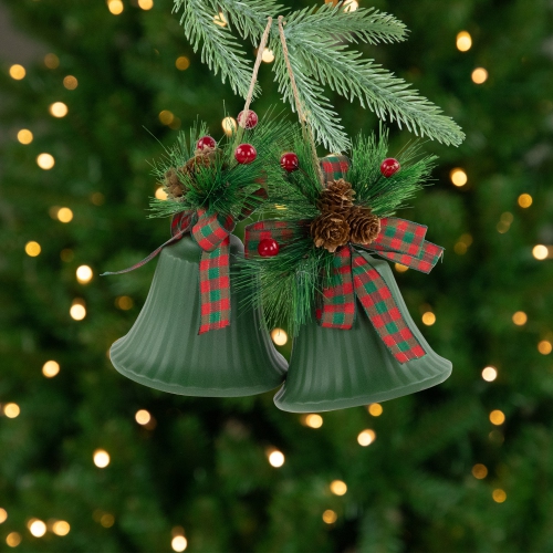 Christmas Bells with Pinecones and Plaid Bow Ornaments - 7" - Green - Set of 2