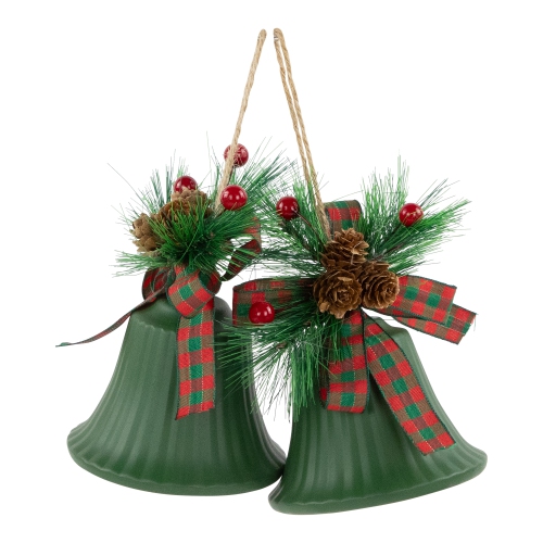 Christmas Bells with Pinecones and Plaid Bow Ornaments - 7" - Green - Set of 2