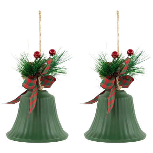 Christmas Bells with Pinecones and Plaid Bow Ornaments - 7" - Green - Set of 2
