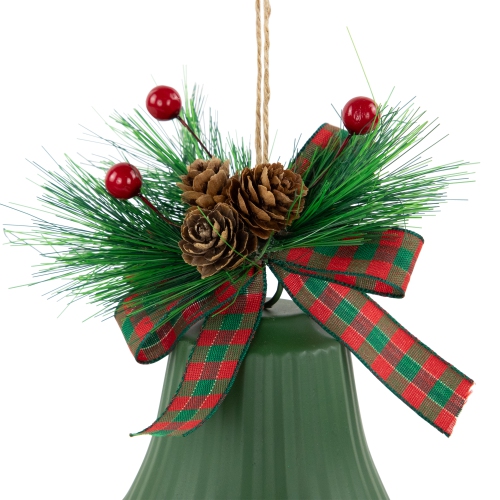 Christmas Bells with Pinecones and Plaid Bow Ornaments - 7" - Green - Set of 2