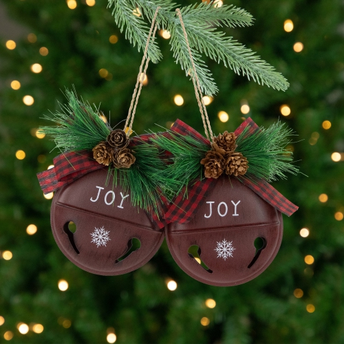 Jingle Bell "Joy" Disc Christmas Ornaments - 5" - Maroon - Set of 2