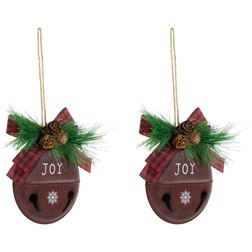 Jingle Bell "Joy" Disc Christmas Ornaments - 5" - Maroon - Set of 2