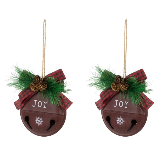 Jingle Bell "Joy" Disc Christmas Ornaments - 5" - Maroon - Set of 2
