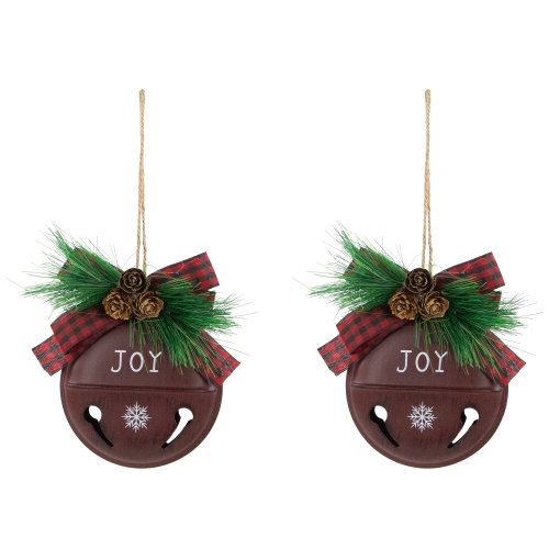 Jingle Bell "Joy" Disc Christmas Ornaments - 5" - Maroon - Set of 2