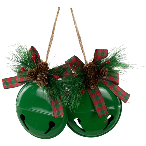 Jingle Bells with Pinecone Bows Disc Christmas Ornaments - 5" - Green - Set of 2