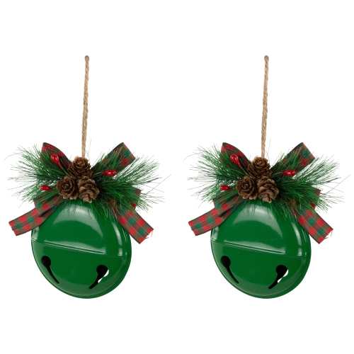 Jingle Bells with Pinecone Bows Disc Christmas Ornaments - 5" - Green - Set of 2