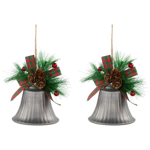 Bells with Pine Sprigs and Plaid Bow Christmas Ornaments - 7" - Silver - Set of 2