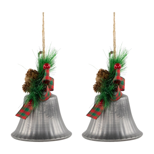 Bells with Pine Sprigs and Plaid Bow Christmas Ornaments - 7" - Silver - Set of 2