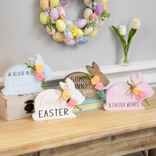 Floral Bunnies Wooden Easter Signs - 7.75" - Set of 4
