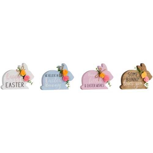 Floral Bunnies Wooden Easter Signs - 7.75" - Set of 4