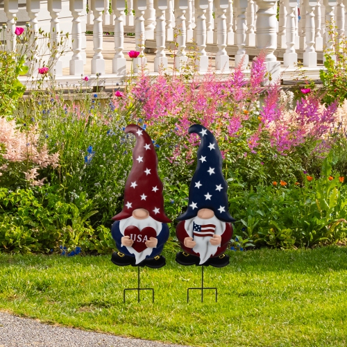 USA Patriotic Gnome Outdoor Garden Stakes - 27.5" - Set of 2