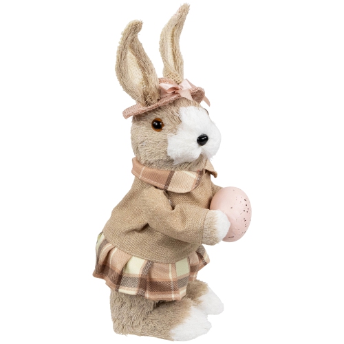 Girl Easter Rabbit Figurine with Plaid Dress - 12" - Beige