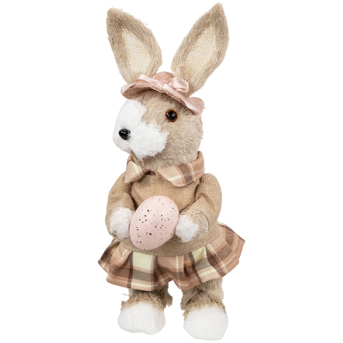 Girl Easter Rabbit Figurine with Plaid Dress - 12" - Beige