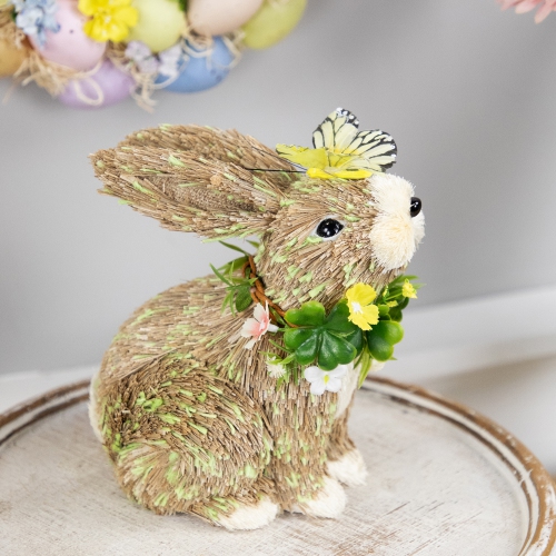 Easter Bunny with Butterfly Straw Figurine - 8"