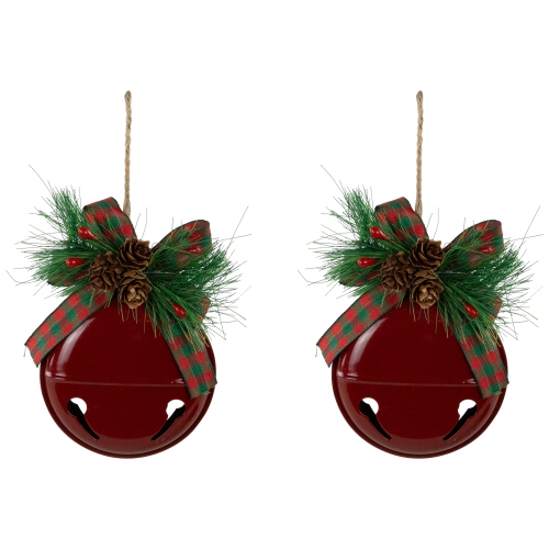 Jingle Bells with Pinecone Bows Disc Christmas Ornaments - 5" - Red - Set of 2