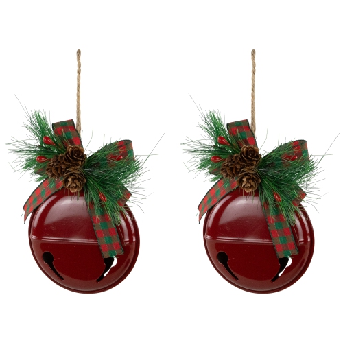 Jingle Bells with Pinecone Bows Disc Christmas Ornaments - 5" - Red - Set of 2