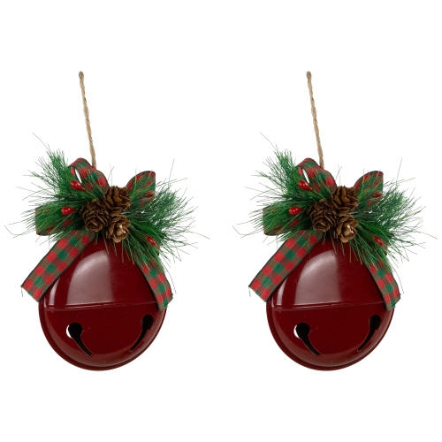 Jingle Bells with Pinecone Bows Disc Christmas Ornaments - 5" - Red - Set of 2