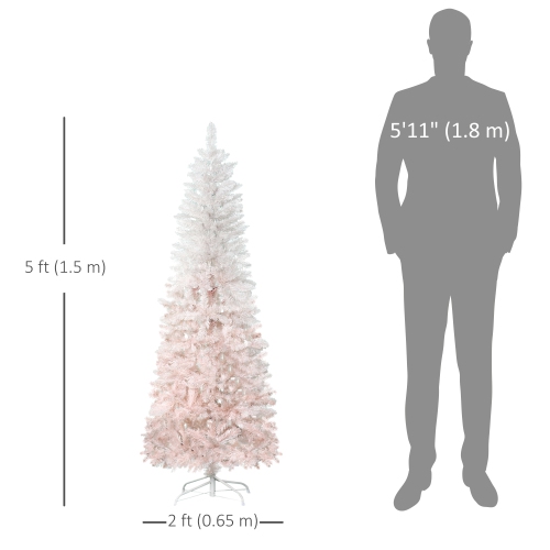 HOMCOM 5FT Pencil Artificial Christmas Tree with Pine Realistic Branches, Auto Open, Pink and White