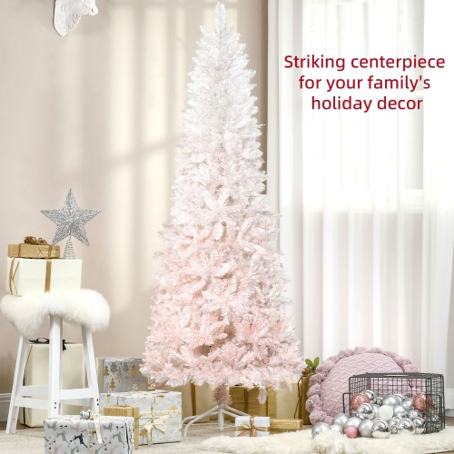 HOMCOM 5FT Pencil Artificial Christmas Tree with Pine Realistic Branches, Auto Open, Pink and White