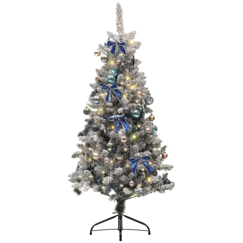 HOMCOM 5ft Artificial Prelit Christmas Tree with Warm White LED Lights and 472 Tips, Metal Stand, Xmas Tree with Blue Ornaments for Home Office