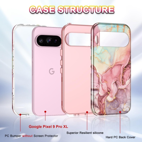 BTttittifor Google Pixel 9 Pro XL Étui 2024 antichoc de qualité militaire élégant motif de marbre mince protecteur 3 couches rigide PC + silicone