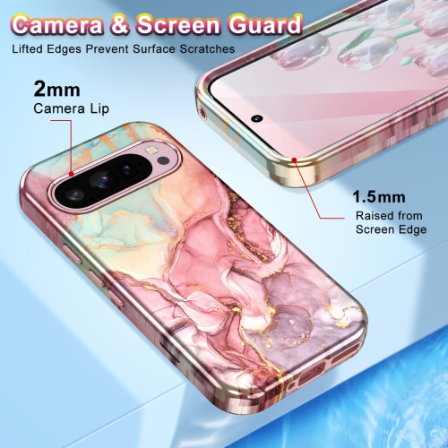 BTttittifor Google Pixel 9 Pro XL Étui 2024 antichoc de qualité militaire élégant motif de marbre mince protecteur 3 couches rigide PC + silicone