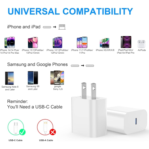 Pour chargeur de iPhone UsbC 20W Bloc de recharge rapide pour iPhone 16 Pro Max 15pro/15 plus 12/11pro 13/14Pro/13Mini Bloc Chargeur mural USB type C