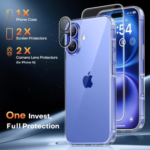 iPhone 16 Plus Clear Case [5-in-1] – Not-Yellowing, 2X Screen Protectors & 2X Camera Lens Protectors, 16 FT Military-Grade Drop Protection