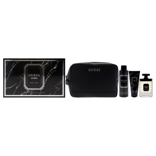 GUESS  Uomo By for Men - 4 PC Gift Set 3.4OZ Edt Spray, 6OZ Deodorizing Body Spray, 3.4OZ Shower Gel, Pouch
