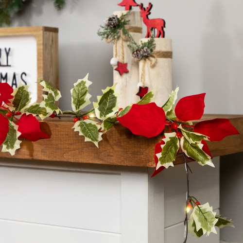 Pre-Lit Battery Operated Holly and Berry Christmas Garland - 7.5' x 5" - Warm White Lights