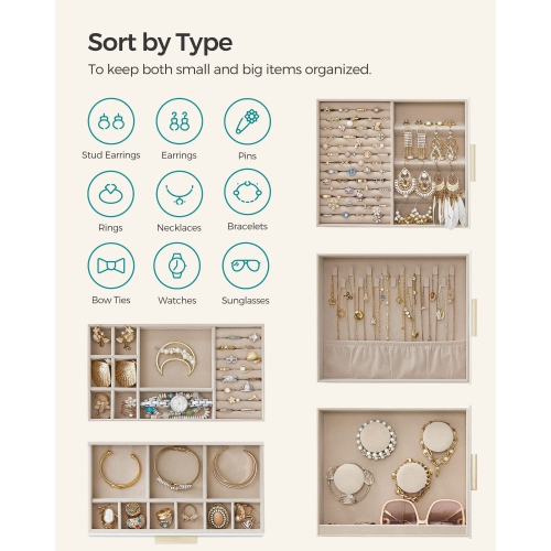 SONGMICS Jewelry Box, 5-Layer Jewelry Organizer, 6.1 x 10.3 x 12.6 Inches, Cloud White and Metallic Gold UJBC162W01