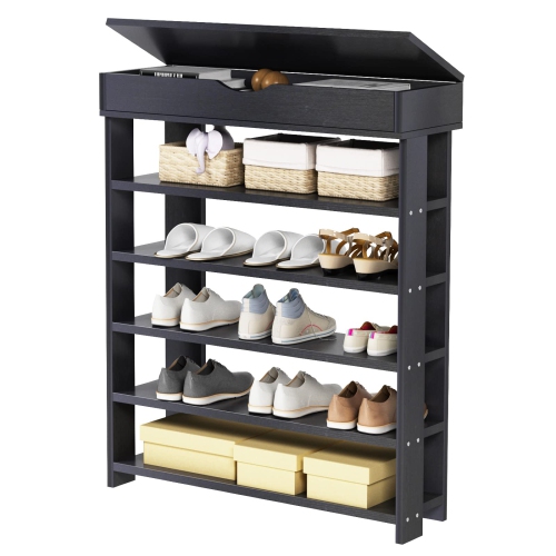 DlandHome Entryway 5 Tiers Shoe Racks with Flip Top Wood Shoes Storage Shelf Organizer, L24 Black