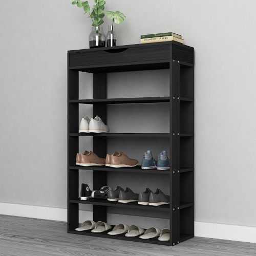 DlandHome Entryway 5 Tiers Shoe Racks with Flip Top Wood Shoes Storage Shelf Organizer, L24 Black