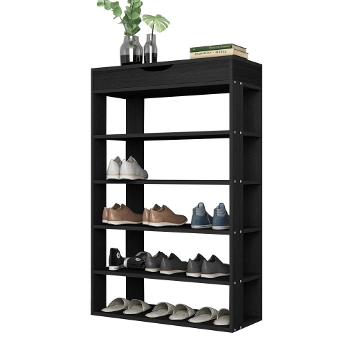 DlandHome Entryway 5 Tiers Shoe Racks with Flip Top Wood Shoes Storage Shelf Organizer, L24 Black