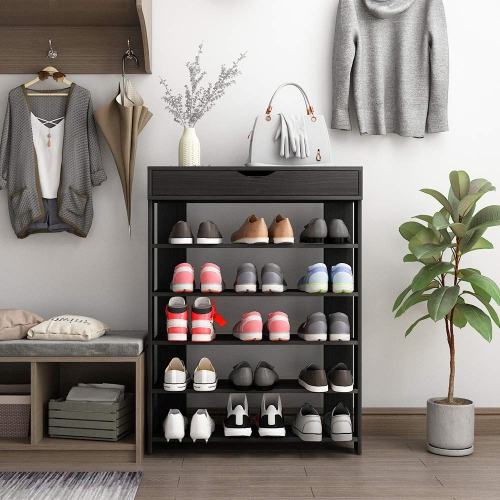 DlandHome Entryway 5 Tiers Shoe Racks with Flip Top Wood Shoes Storage Shelf Organizer, L24 Black