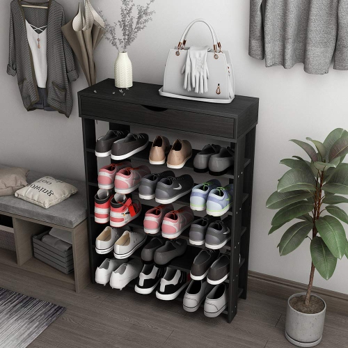 DlandHome Entryway 5 Tiers Shoe Racks with Flip Top Wood Shoes Storage Shelf Organizer, L24 Black