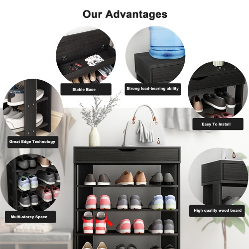 DlandHome Entryway 5 Tiers Shoe Racks with Flip Top Wood Shoes Storage Shelf Organizer, L24 Black