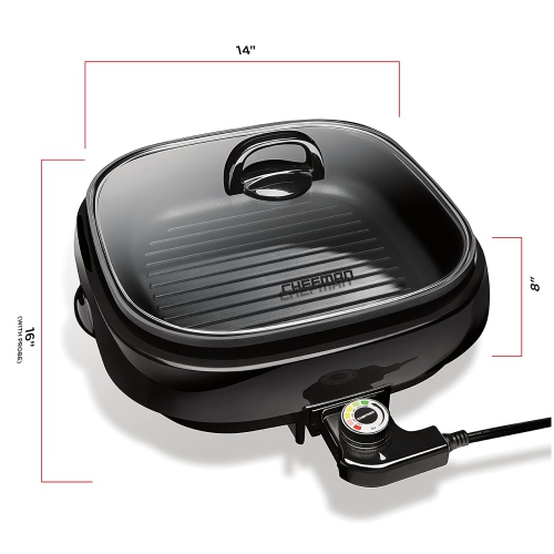 Chefman Electric Grill And Skillet, Ridged Surface, Braise, Steam, Sauté, Sear, Pan Fry, Adjustable Temperature, 4.2-..