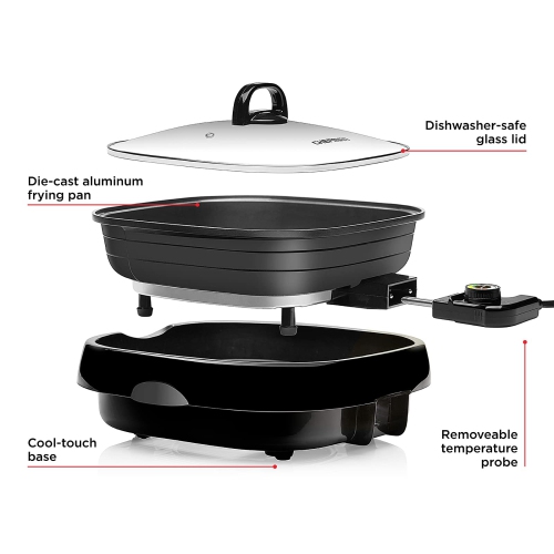 Chefman Electric Grill And Skillet, Ridged Surface, Braise, Steam, Sauté, Sear, Pan Fry, Adjustable Temperature, 4.2-..