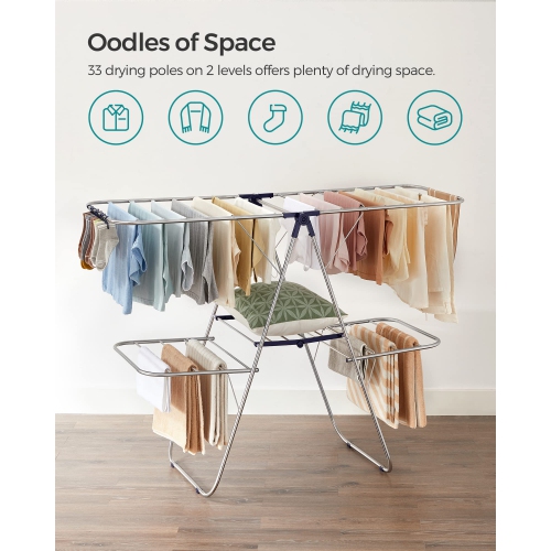 Séchoir à linge SONGMICS, support de séchage pour la lessive, support de séchage autonome, argenté et bleu ULLR53BU