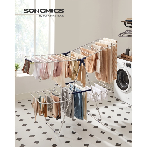 Séchoir à linge SONGMICS, support de séchage pour la lessive, support de séchage autonome, argenté et bleu ULLR53BU