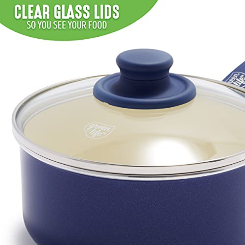 GreenLife Soft Grip Healthy Ceramic Nonstick, 1QT and 2QT Saucepan Pot Set with Lids, PFAS-Free, Dishwasher Safe, Blue