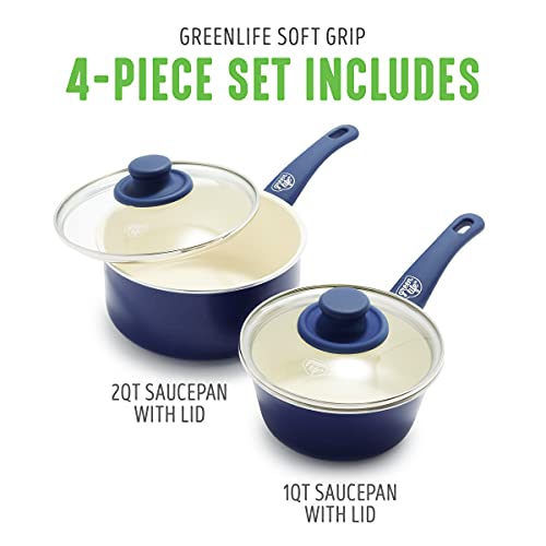 GreenLife Soft Grip Healthy Ceramic Nonstick, 1QT and 2QT Saucepan Pot Set with Lids, PFAS-Free, Dishwasher Safe, Blue