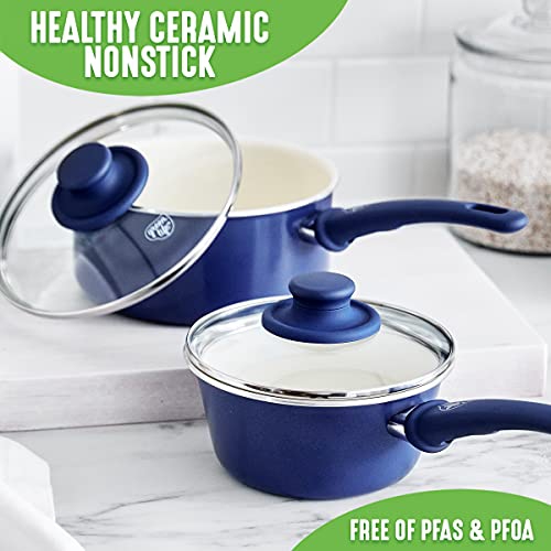 GreenLife Soft Grip Healthy Ceramic Nonstick, 1QT and 2QT Saucepan Pot Set with Lids, PFAS-Free, Dishwasher Safe, Blue