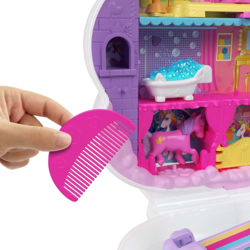 Polly Pocket Mini Toys, Rainbow Unicorn salon coiffure Head and Playing avec 2 Micro Dolls, plus de 20 accessoires et mobile ..