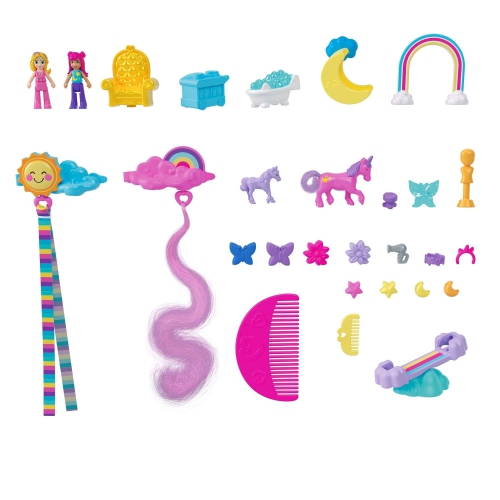 Polly Pocket Mini Toys, Rainbow Unicorn salon coiffure Head and Playing avec 2 Micro Dolls, plus de 20 accessoires et mobile ..