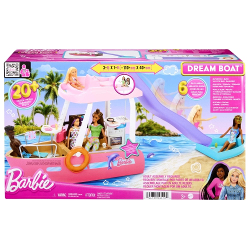 Barbie – Ensemble de jeu bateau jouet, bateau de rêve avec plus de 20 accessoires sur le thème de l’océan, conçus pour les poupées mode, y compris la