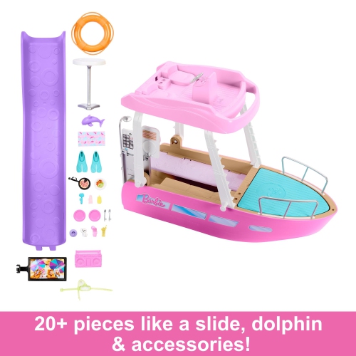 Barbie – Ensemble de jeu bateau jouet, bateau de rêve avec plus de 20 accessoires sur le thème de l’océan, conçus pour les poupées mode, y compris la
