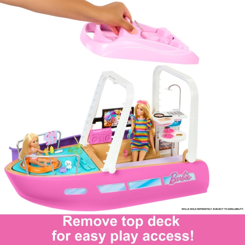 Barbie – Ensemble de jeu bateau jouet, bateau de rêve avec plus de 20 accessoires sur le thème de l’océan, conçus pour les poupées mode, y compris la